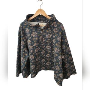 Natural Life Floral Boho  Teal Base Raw Hem Pullover Quarter Zip Size L/XL